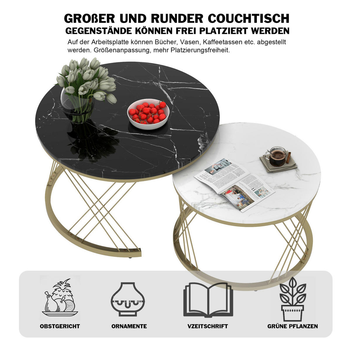 COUCHTISCH-SET 70/70/45 cm Schwarz aus Holzwerkstoff mit Marmormuster-Furnier im Nesting-Design - Schwarz, Holzwerkstoff (70/70/45cm) - OKWISH