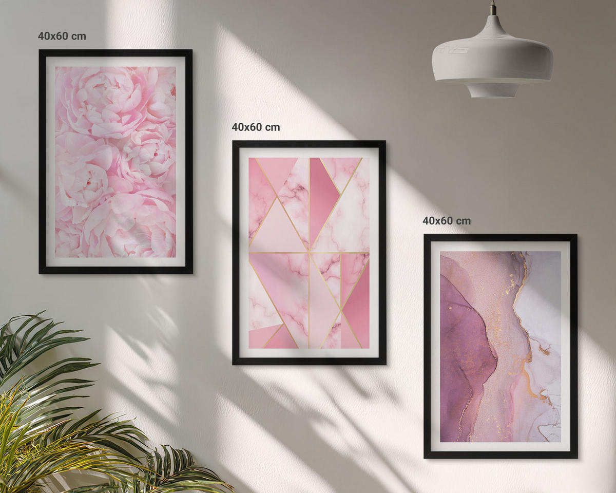 BILDER SET 3er Set - 40x60 cm Schwarzer Rahmen - Rosa geometrische Pfingstrosen - Schwarz, Kunststoff (40/60cm) - TULUP