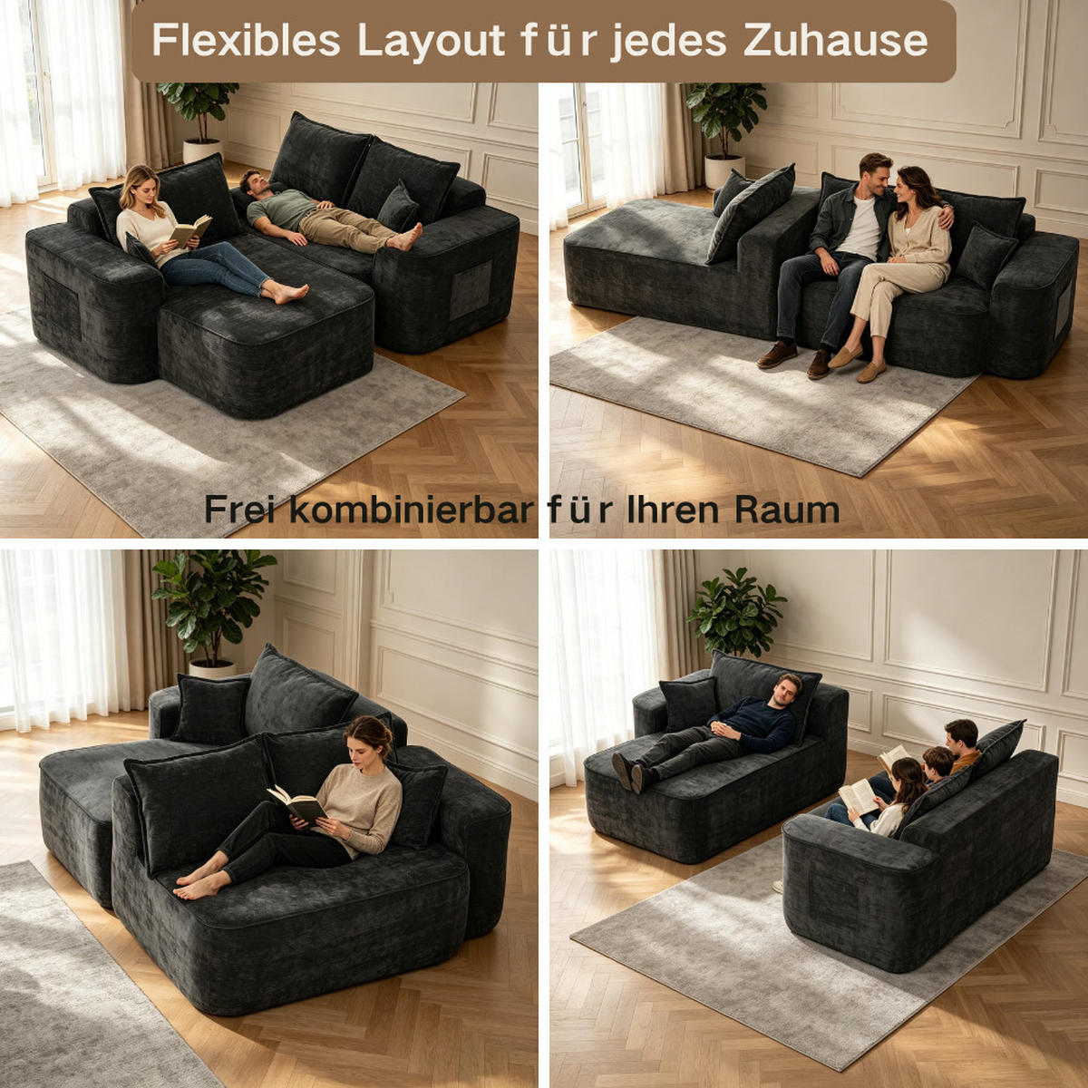 ECKSOFA 262/144/65 cm Schwarz mit Aufbewahrungsbeutel - Schwarz, Textil (262/144cm) - Oxeza