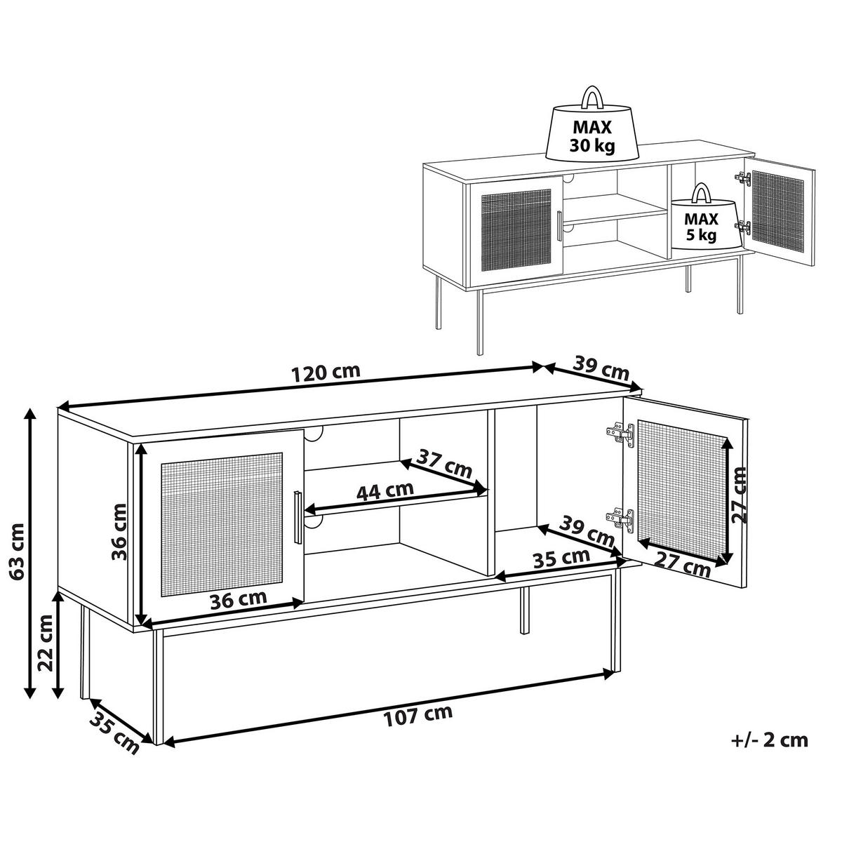 TV-MÖBEL Hellbraun, Schwarz PASCO 39/120/63 cm - Hellbraun, Holzwerkstoff (120/63/39cm) - Beliani
