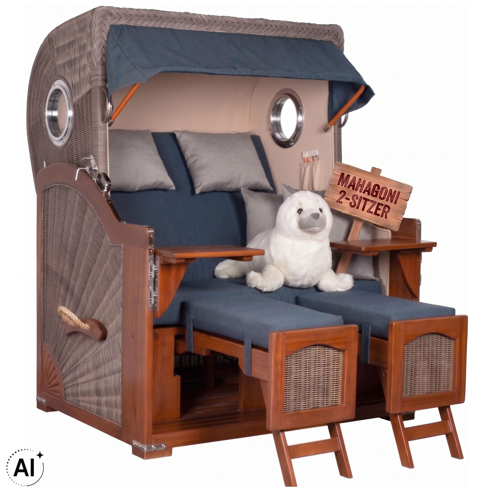 STRANDKORB 2-Sitzer Düne Mahagoni 593 - Blau/Hellgrau, Holz (125/170/80cm) - Mr. Deko