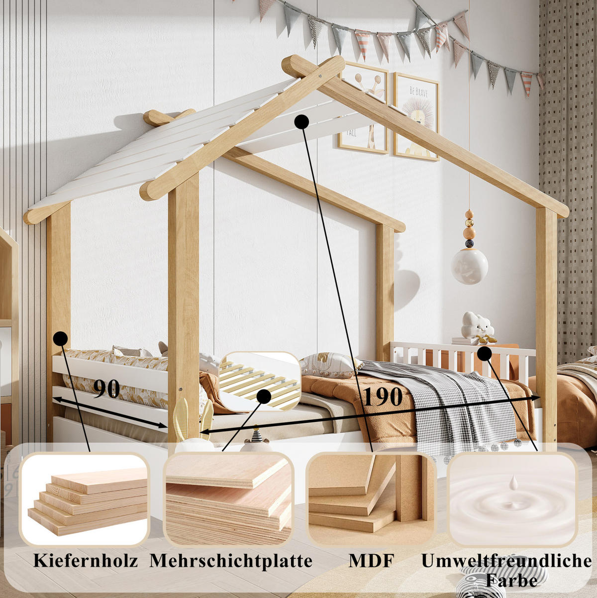 DOMČEKOVÁ posteľ 90/190 cm biela/prírodná so stabilným lamelovým roštom z borovice a MDF - biela, drevo (90/200cm) - OKWISH
