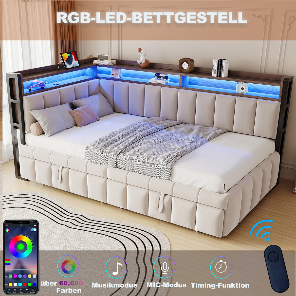 SCHLAFSOFA 90/200 cm & 90/190 cm in Beige Samt mit Ausziehbett, LED und USB - Beige, Holzwerkstoff/Textil (90/200cm) - WISHDOR