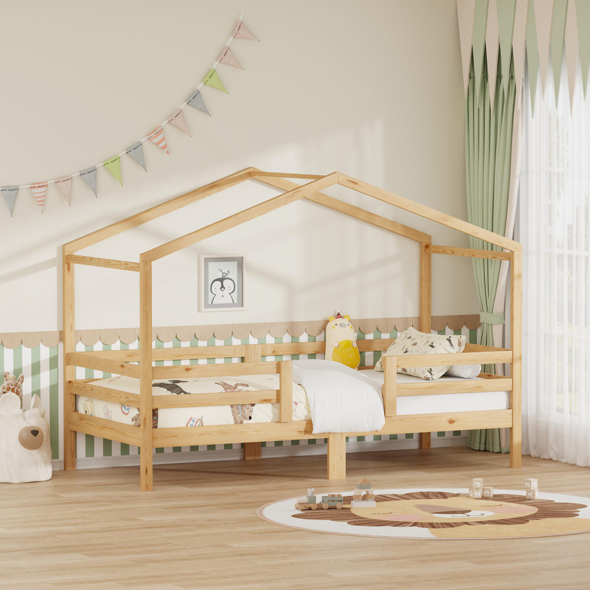 HAUSBETT 90/200 cm mit Rausfallschutz, DE-41909, in Naturholz - Naturfarben, Holzwerkstoff (90/200cm) - ComfortXL