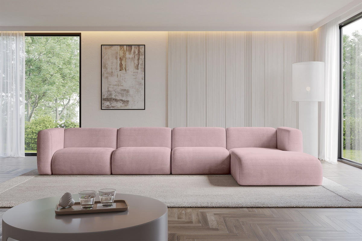 ECKSOFA Ottomane Rechts MIRA-L3 409x179x70 Rosa Cord - Schwarz/Rosa, Holzwerkstoff/Kunststoff (409/179cm) - ALTDECOR