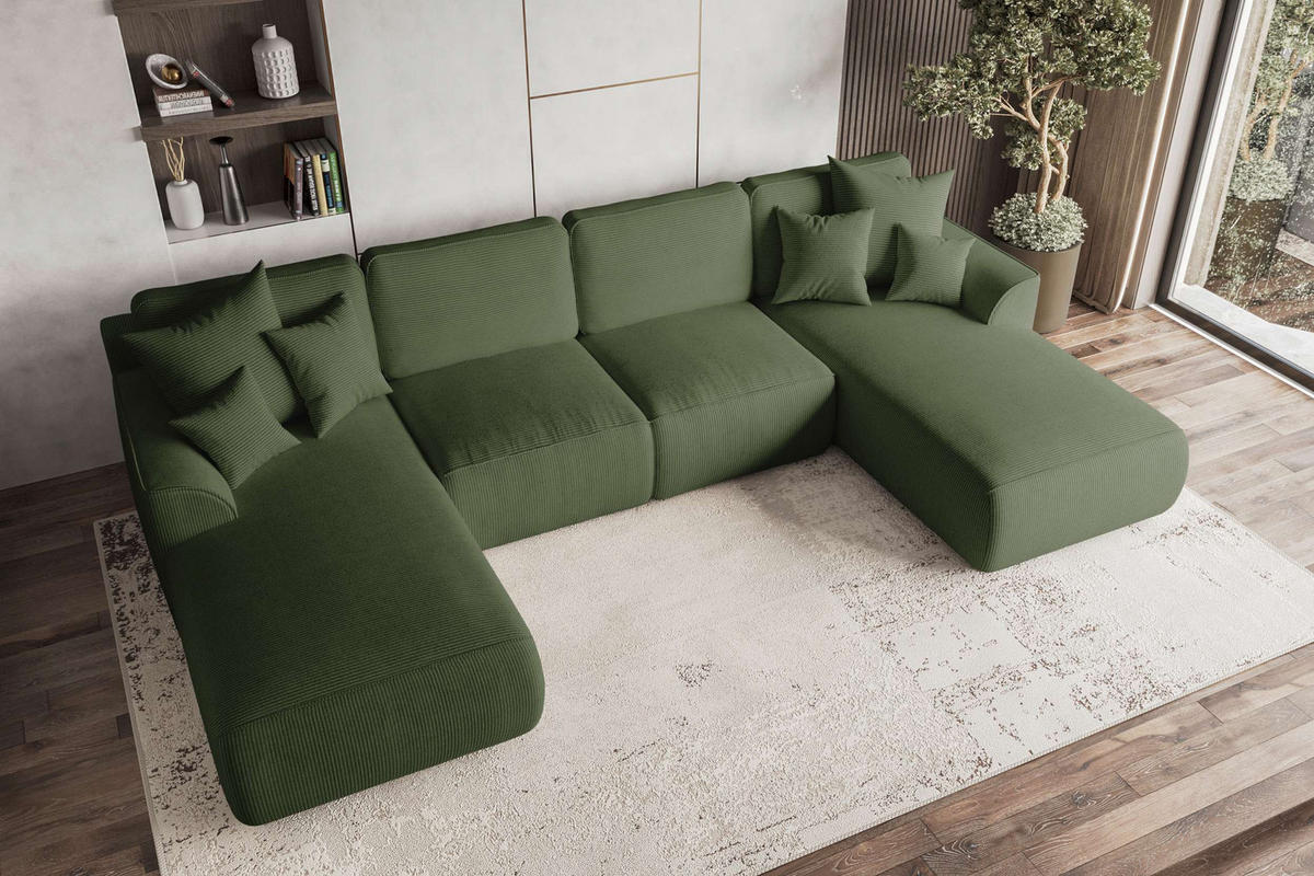 WOHNLANDSCHAFT Gusto Cordstoff Olivgrün inkl. Schlaffunktion - Chromfarben/Olivgrün, Kunststoff/Textil (306/96/194cm) - 99rooms