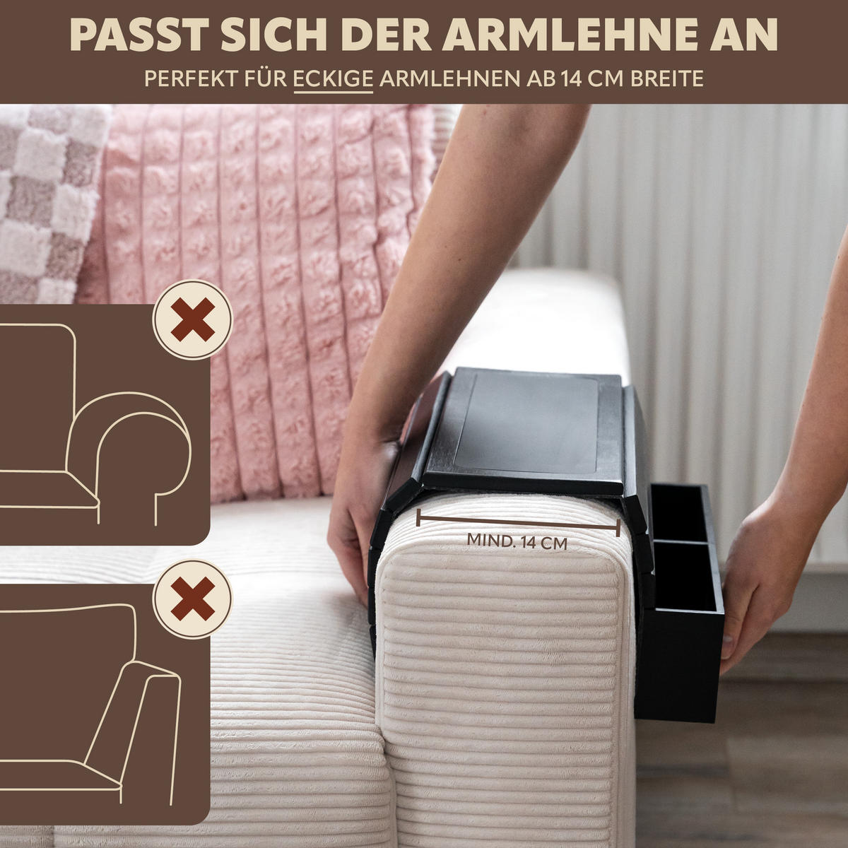 ARMLEHNEN-SOFATABLETT mit seitlichen Fächern, rutschfeste Silikonablage, Bambus, schwarz - Schwarz, Naturmaterialien (47/6/34cm) - eluno