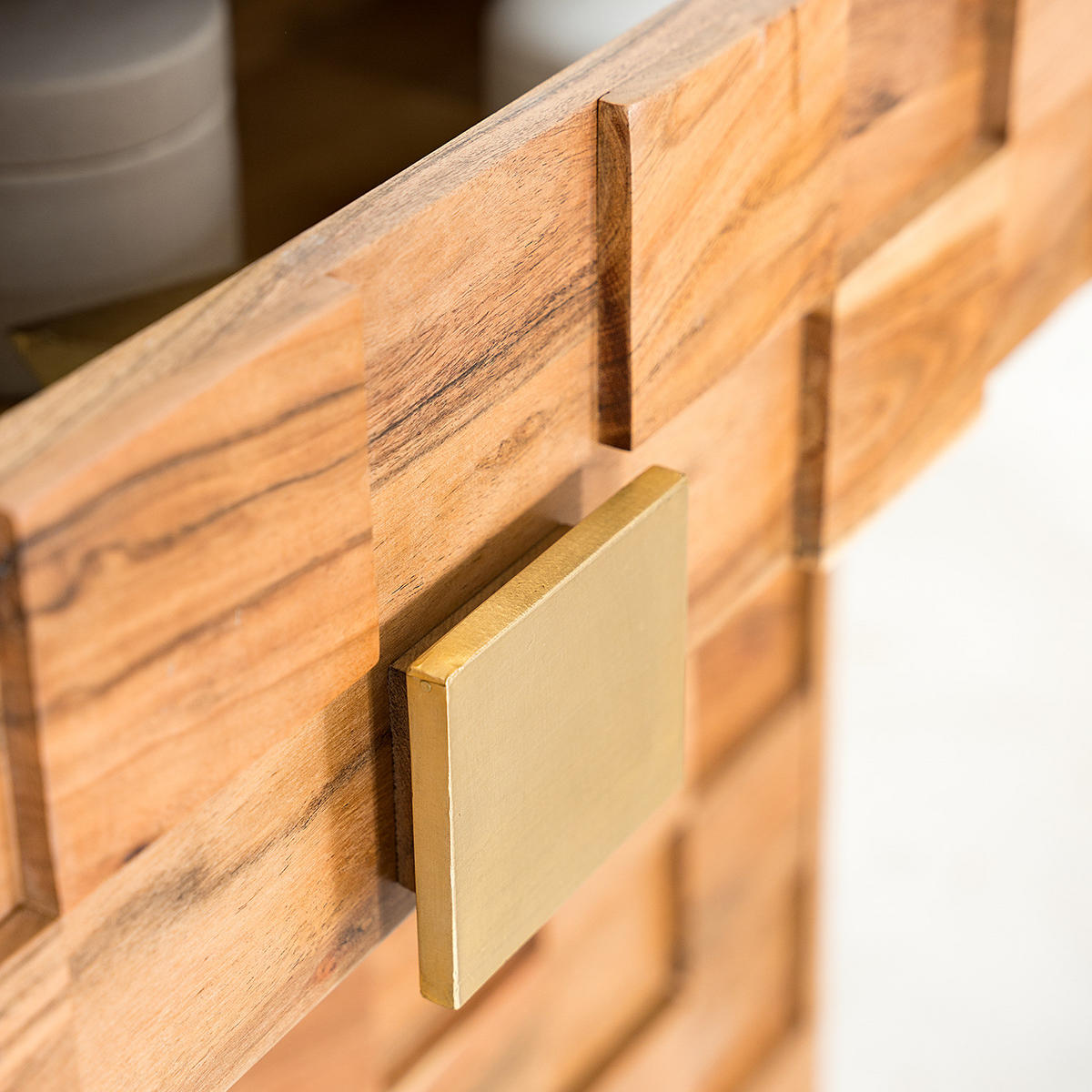 KOMMODE mit 4 Schubladen - Akazie massiv / Eisen - Goldfarben/Akaziefarben, Holz/Metall (85/85/40cm) - home24