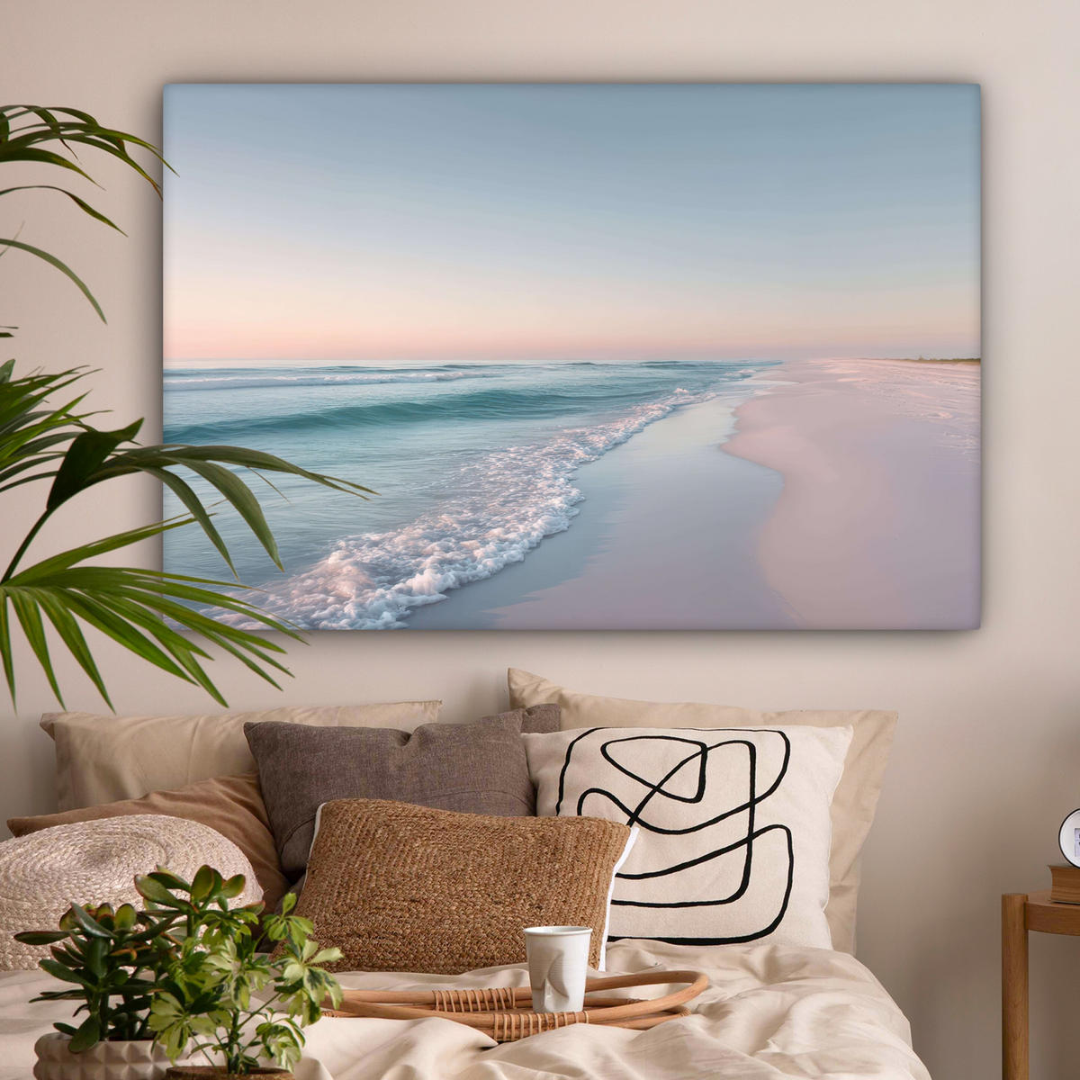 LEINWANDBILD Küstenlinie - Pastell - Wasser Wohnzimmer Groß 120x80 cm - Pastellblau, Textil (120/80cm) - MuchoWow