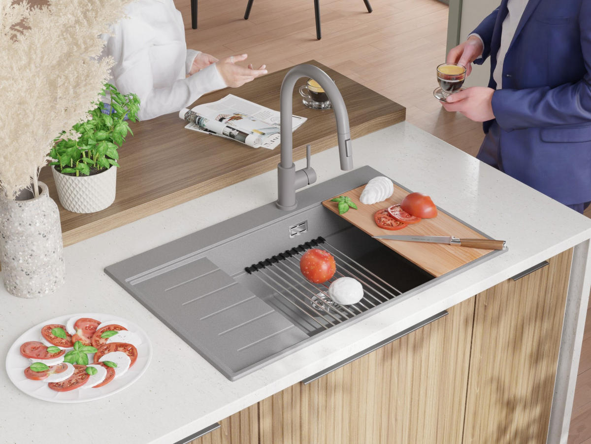 SPÜLBECKEN Sydney, 2-er set Grau 78/50 cm 1 Becken + Ablauf-Set + Küchenzubehörset ab 60er Unterschrank - Chromfarben/Beige, Kunststoff (78/20/50cm) - Primagran