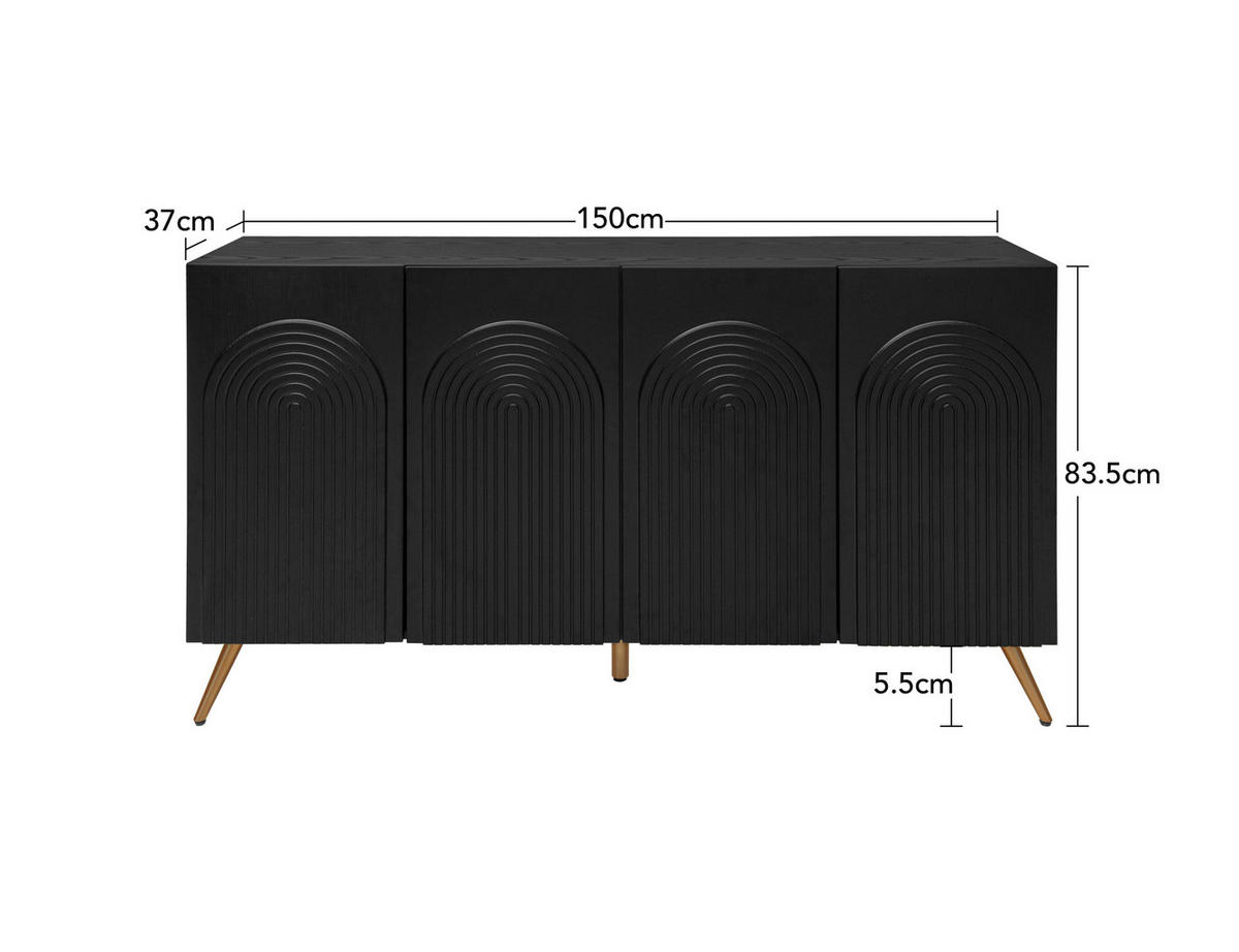SIDEBOARD mit verstellbaren Einlegeböden, 3D-Vertikalrillen und Bogentüren aus Holzwerkstoff, Schwarz - Schwarz, Holzwerkstoff (150/83/38cm) - Redom