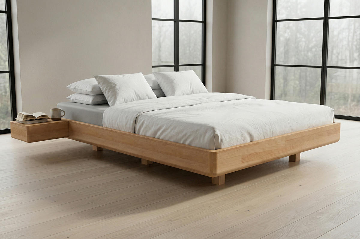 MASSIVHOLZBETT Lena Flat mit 2 Nachttischen, 180/200, Buche - lackiert, Naturfarben - Buchefarben, Holz/Buchenholz (180/200cm) - Visby