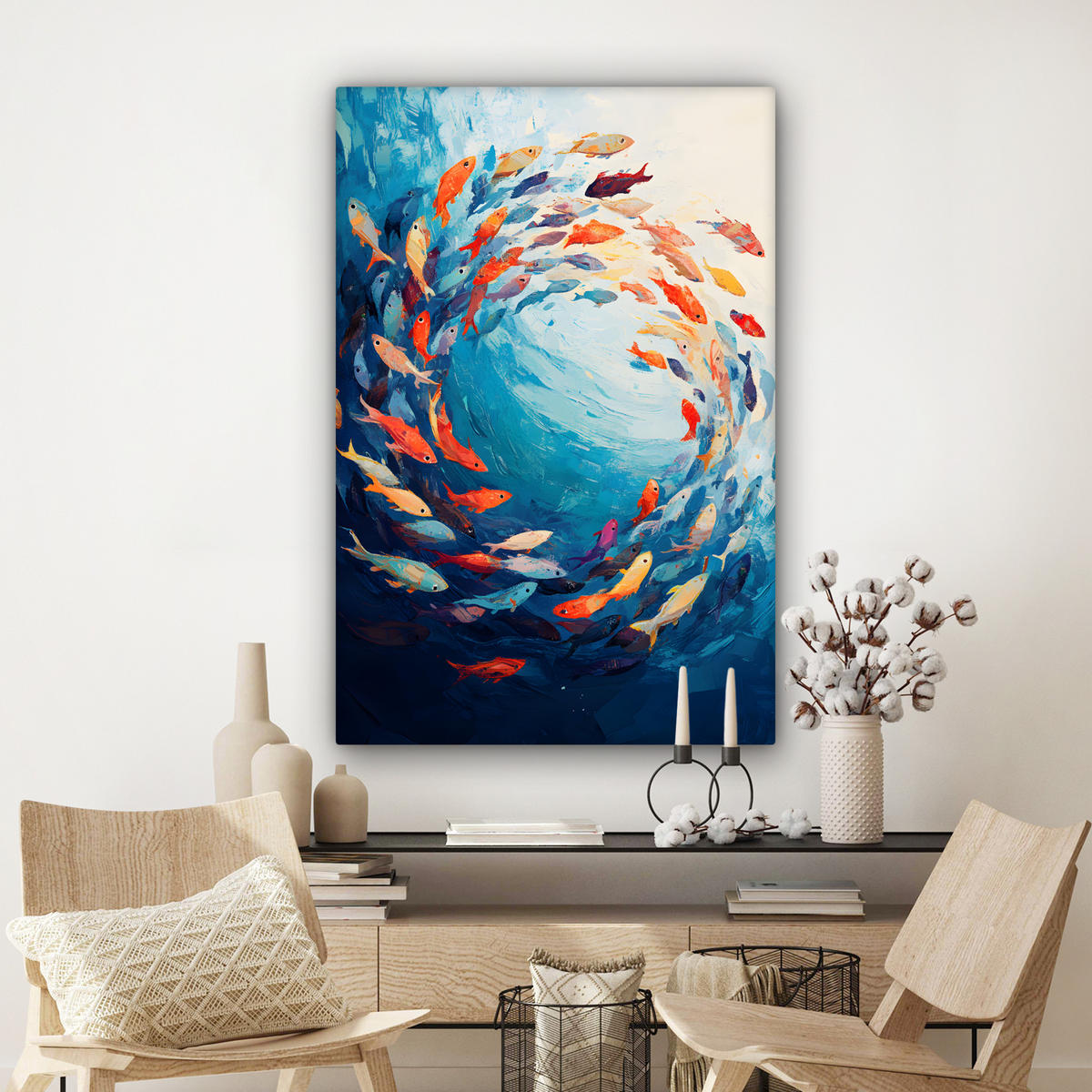 LEINWANDBILD Meer - Fische - Bunt - Dynamisch 90x140 cm - Hellblau, Textil (90/140cm) - MuchoWow
