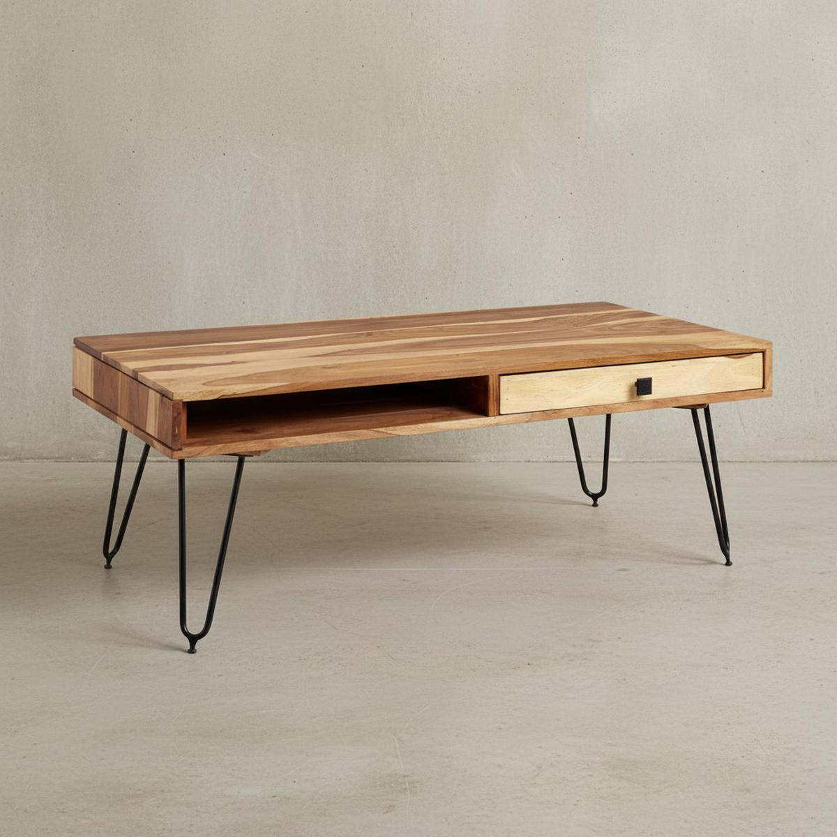 COUCHTISCH BALU mit Schubfächern aus Massivholz und Metallfüßen, leichter Aufbau, Beige 110x60x60 cm - Beige/Schwarz, Holz/Metall (60/110/60cm) - KADIMA DESIGN