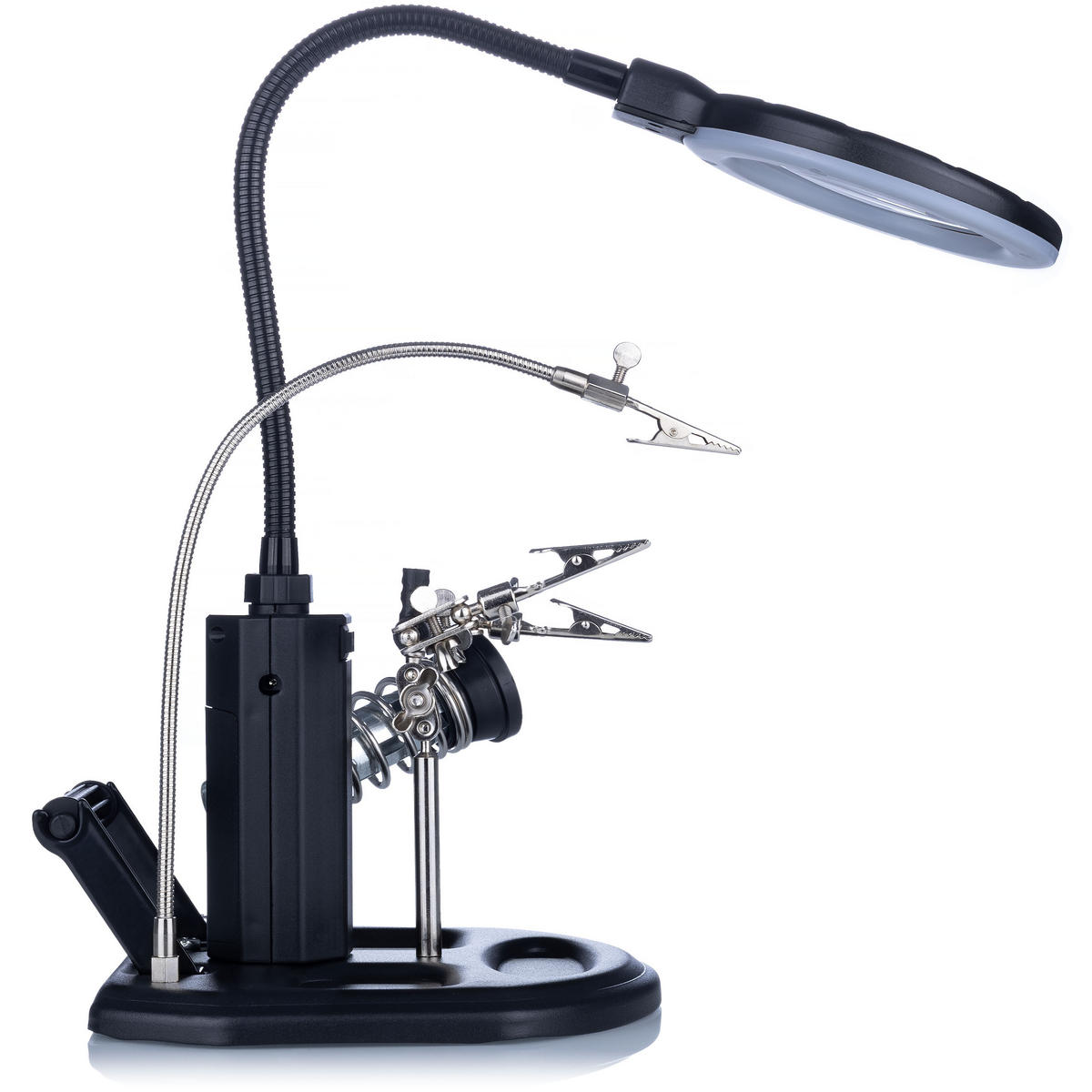HALTER TE-802 - Dritte Hand mit Lupe, Lötkolbenhalter, Lötzinnbehälter, LED dimmbar, Ø85 mm, 2,5x/4x, USB/4x AA - Multicolor, Kunststoff/Metall (18/20/19cm)