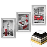 WANDBILDER 3er Set - 20x30 cm Silberner Rahmen - Roter Regenschirmstand und Londoner Bus - Silberfarben, Kunststoff (20/30cm) - ArtPrintCave