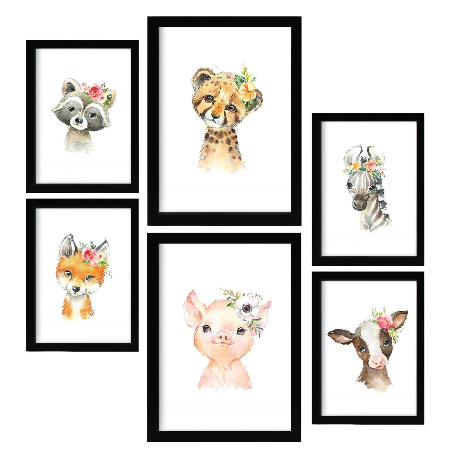 POSTER Set Mit 6 Blumentiere Weißer Baby Tiermotiven Im Pastell Aquarell Stil A3 & A4 Rahmenlos - Klar, Papier (29/3cm) - Nacnic