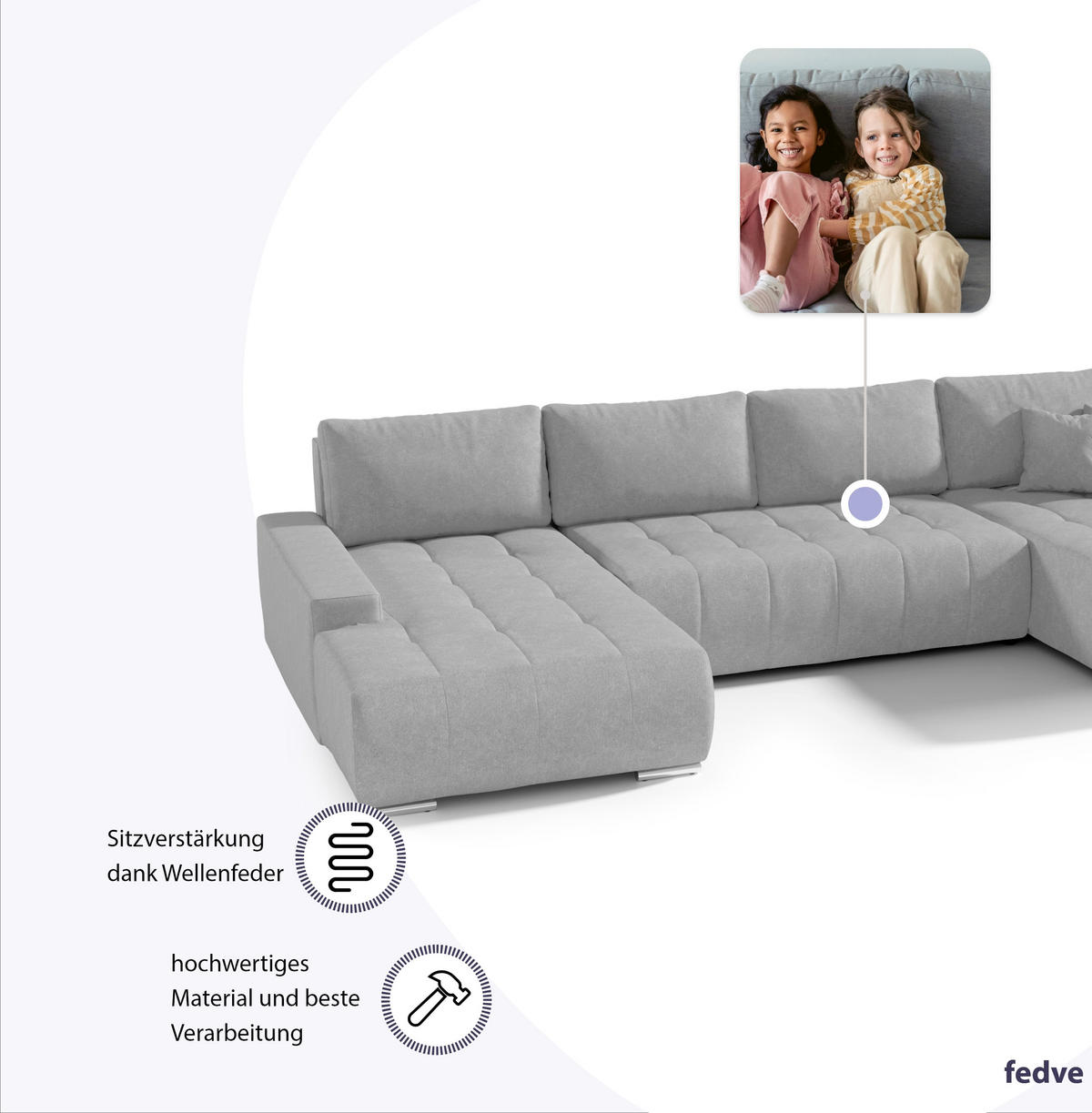 WOHNLANDSCHAFT mit Schlaffunktion Dhaka U, Hellgrau - Hellgrau, Textil (185/85/350cm) - Fedve