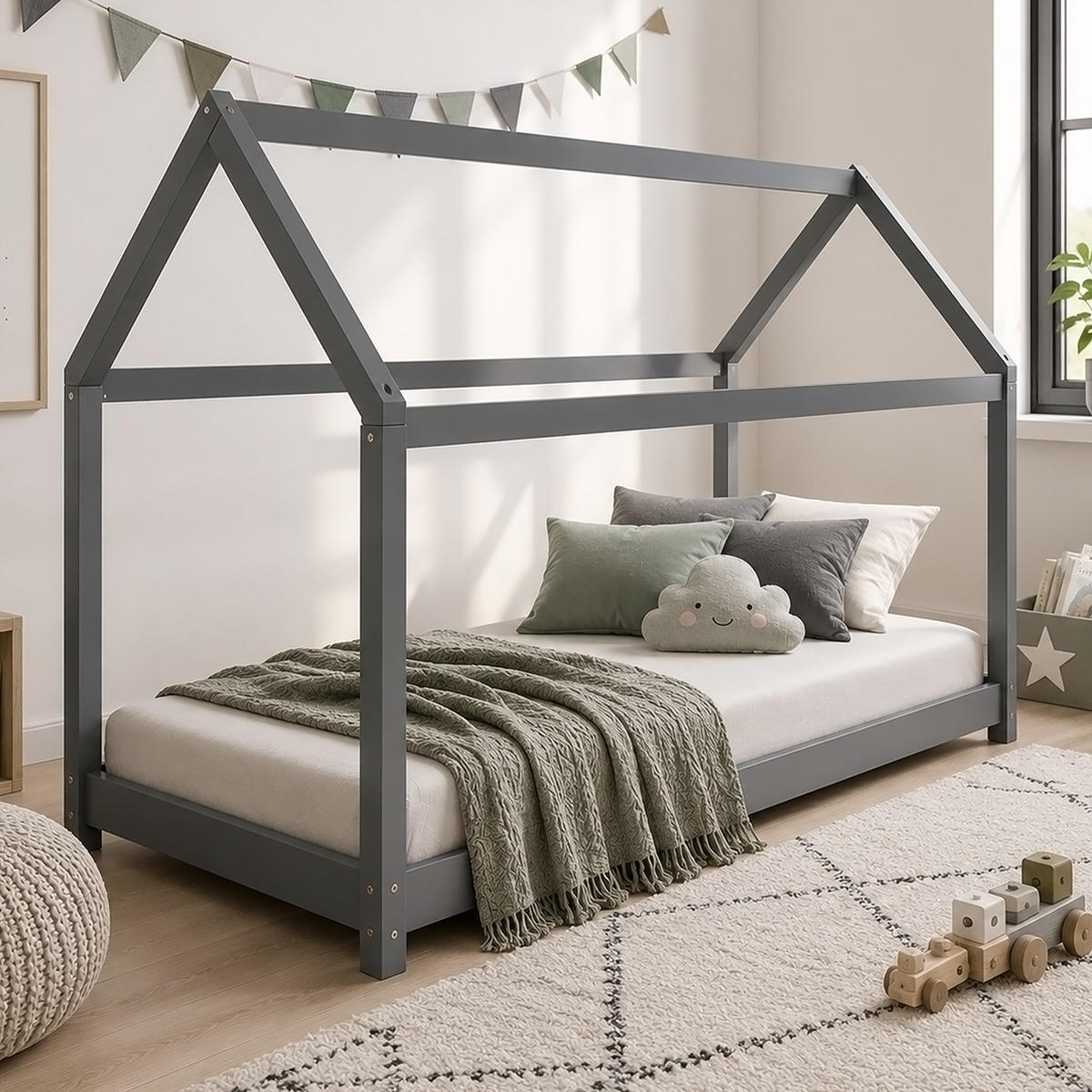 HAUSBETT 90/200 cm grau - Grau, Holz (206/141/96cm) - Homestyle4u
