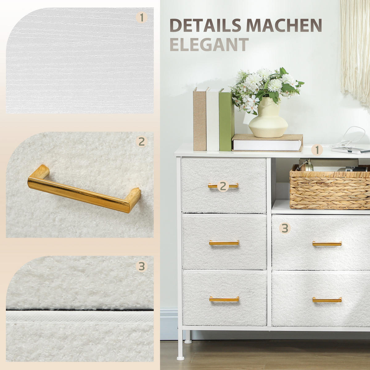 KOMMODE, Aufbewahrungsschrank mit 8 Schubladen aus Stoff, Stahlrahmen, Cremeweiß - Goldfarben/Creme, Textil/Metall (30/76/110cm) - HOMCOM