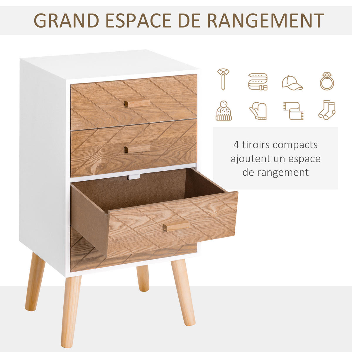 NACHTTISCH Weiß Buche MDF Holz 4 Schubladen - Weiß, Holz (40/75/30cm) - PANGIVO