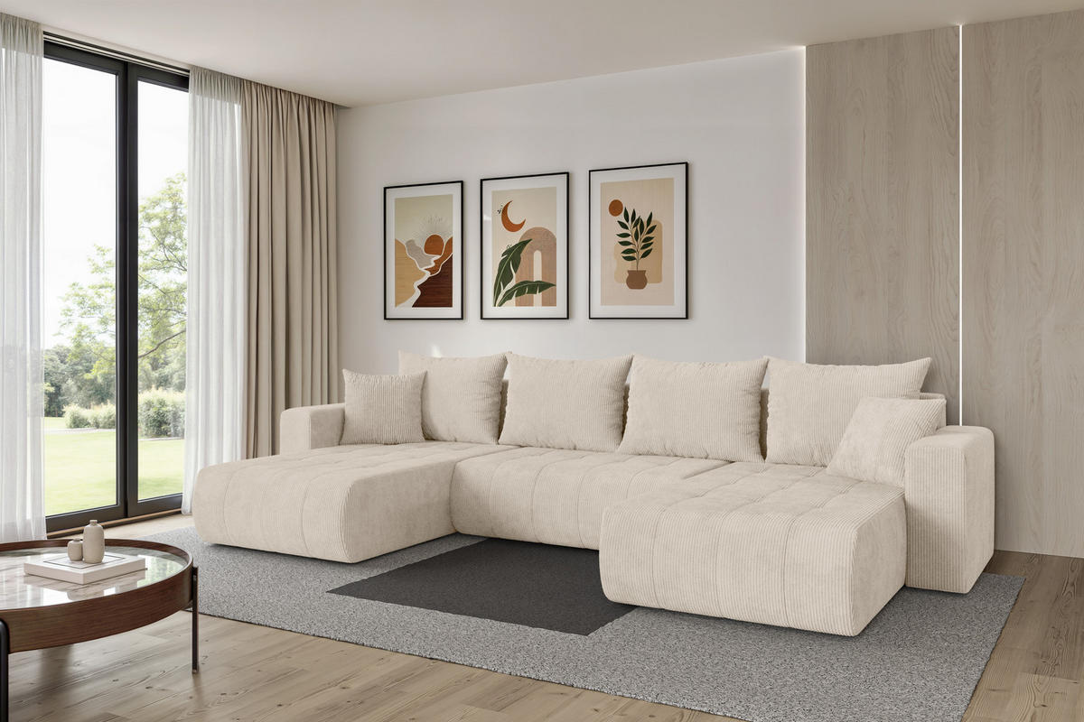 SEDACÍ SOUPRAVA DO U s funkcí spaní a úložným prostorem MILA-U 378x194x86 béžová manšestr - černá/béžová, kompozitní dřevo/textil (378/86/194cm) - ALTDECOR