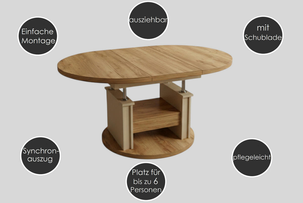 COUCHTISCH rund ausziehbar höhenverstellbar Schubalde 100/100/60 cm - Anthrazit/Beige, Holzwerkstoff (100/100/60cm) - designimpex