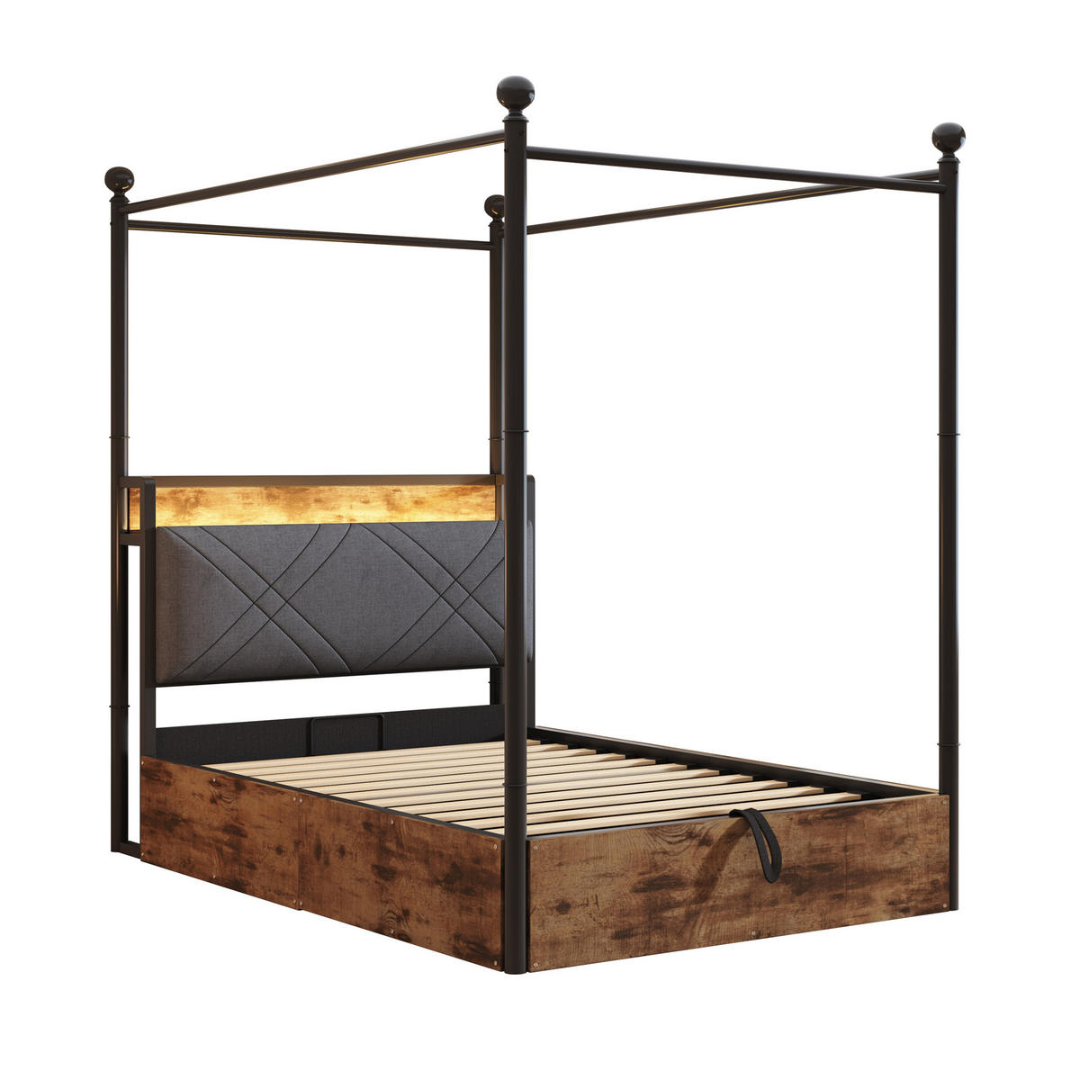 METALLBETT 90/190 cm Schwarz mit Stauraum, LED-Beleuchtung und USB-/Type-C - Schwarz, Metall (90/190cm) - Flora Grace