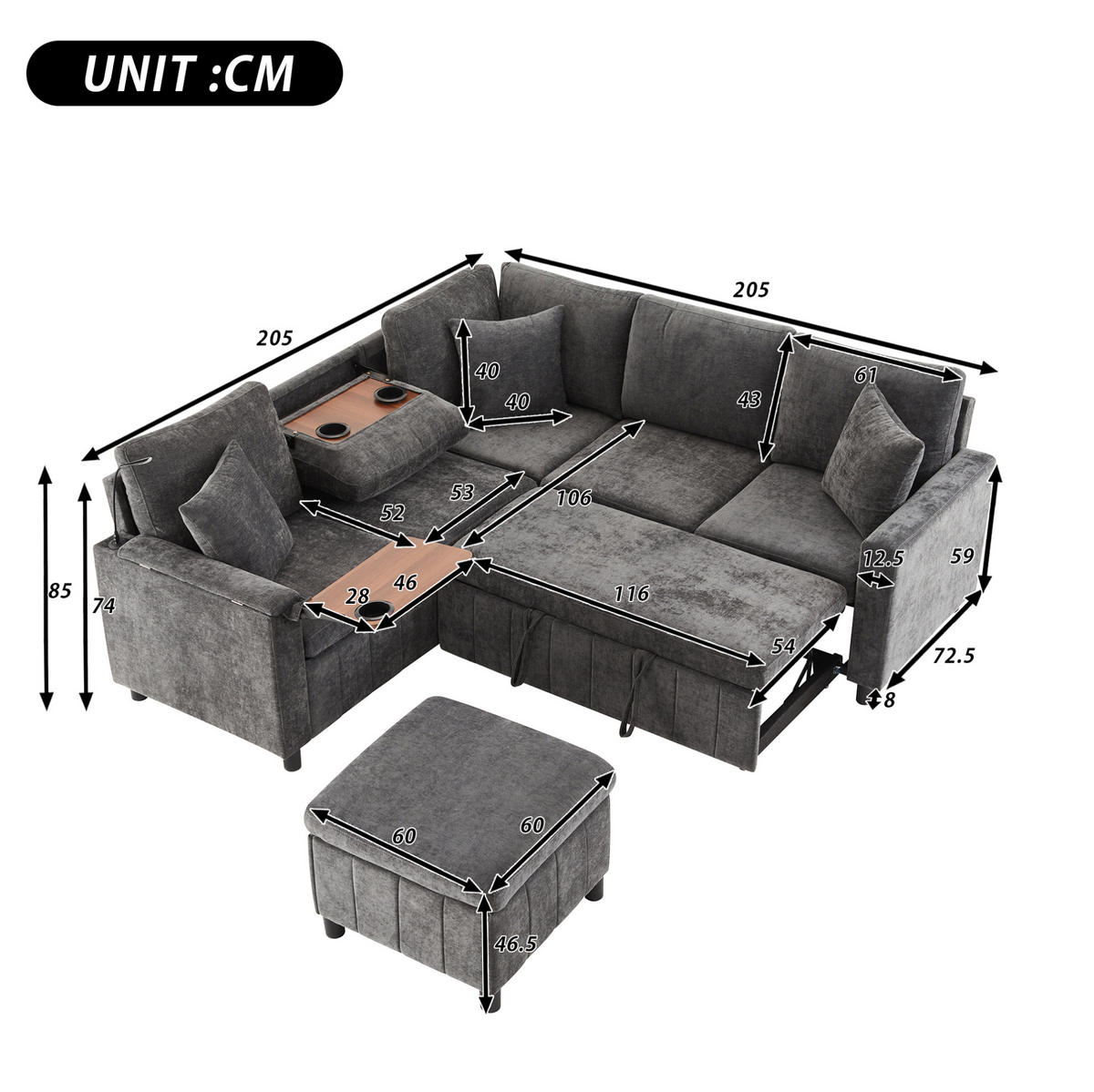 ECKSOFA Chenille mit Schlaffunktion und Hocker, USB-Anschluss/Type-C 205/205/85 cm Grau - Grau, Textil (205/205cm) - Redom