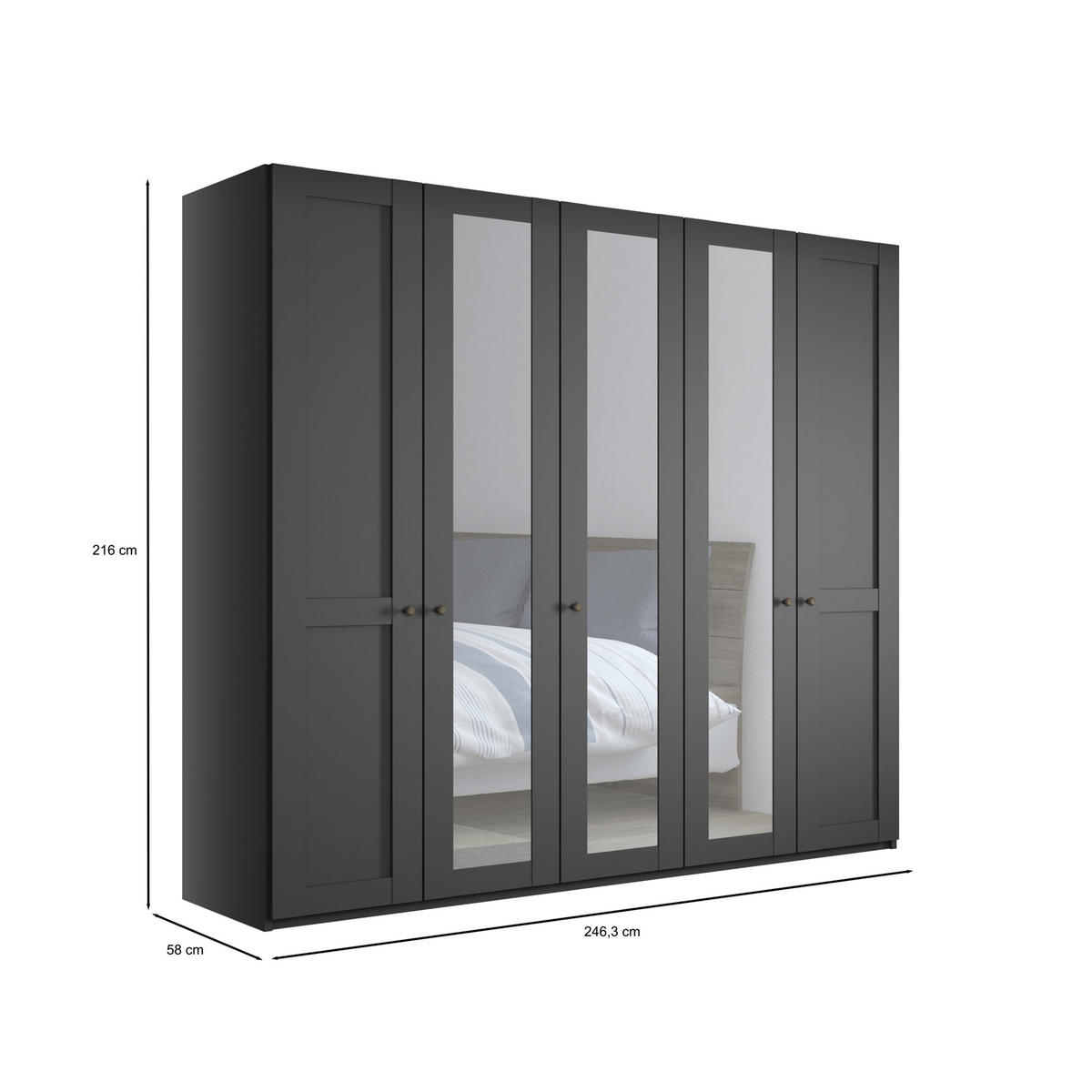 SCHLAFZIMMER Greenholm in Graphit 4 teilig mit Kleiderschrank 250cm Breite mit Spiegel, Doppelbett 180x200cm, zwei Nachttisch - Grau, Holzwerkstoff (80/200/120cm)