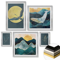 WANDBILDER 5er Set - 50x50 cm & 20x30 cm & 40x60 cm Silberner Rahmen - Vögel, Kraniche, Mond, Berge - Silberfarben, Kunststoff (40/60cm) - ArtPrintCave