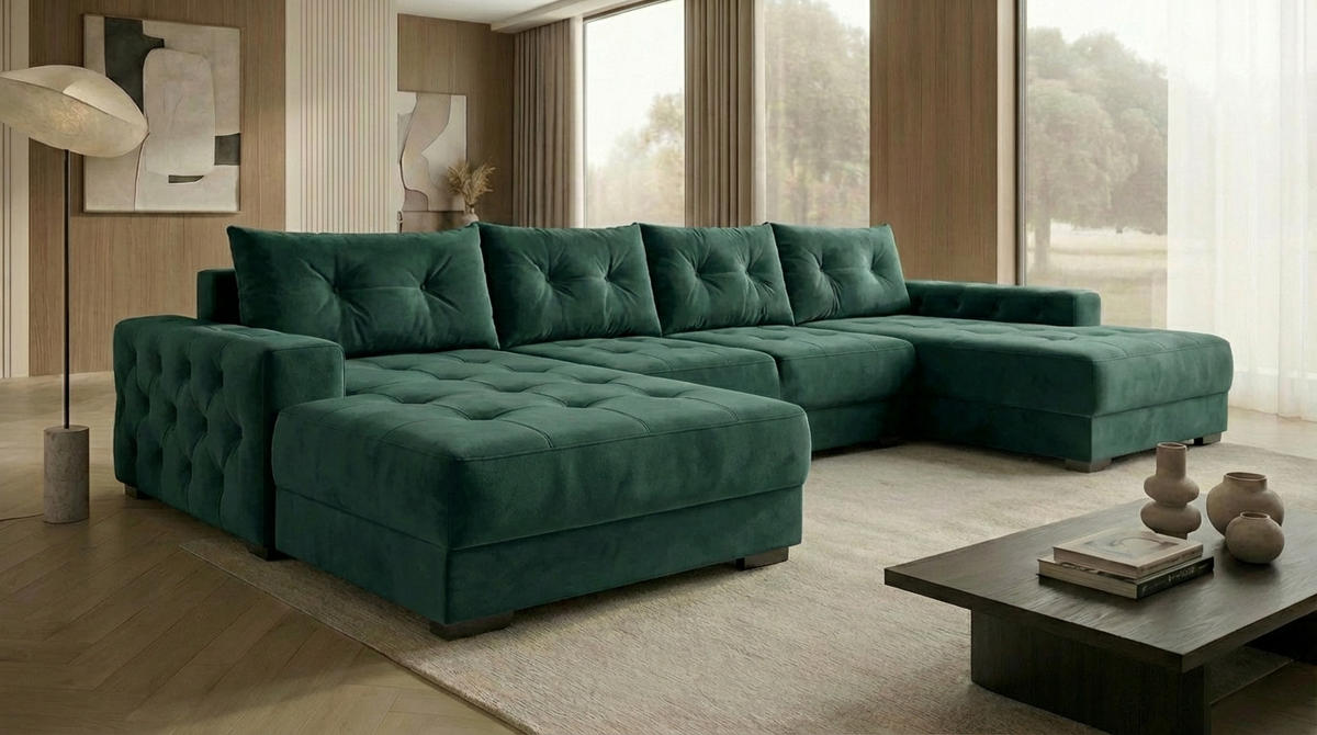 ECKSOFA MODENA 320 cm x 185 cm – Stoff: VELUTTO Dunkelgrun 10 Farbe: Grün - Grün, Textil (320/185cm) - A&J MöbelLand