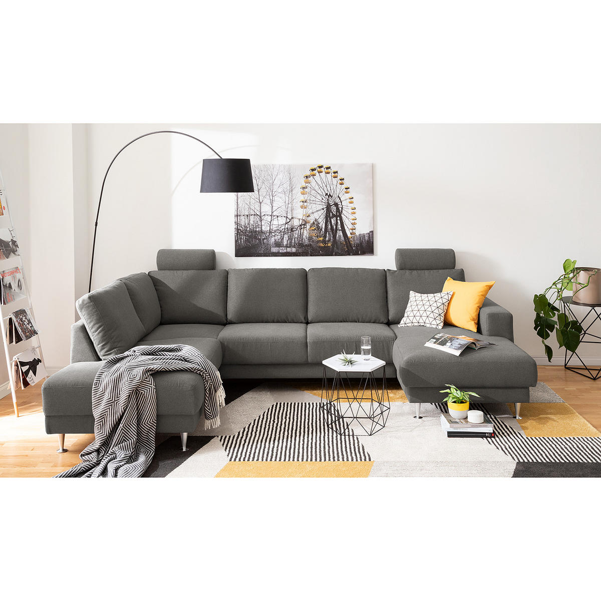 WOHNLANDSCHAFT mit Longchair und Ottomane - Dunkelgrau, Textil (305/85/200cm) - home24