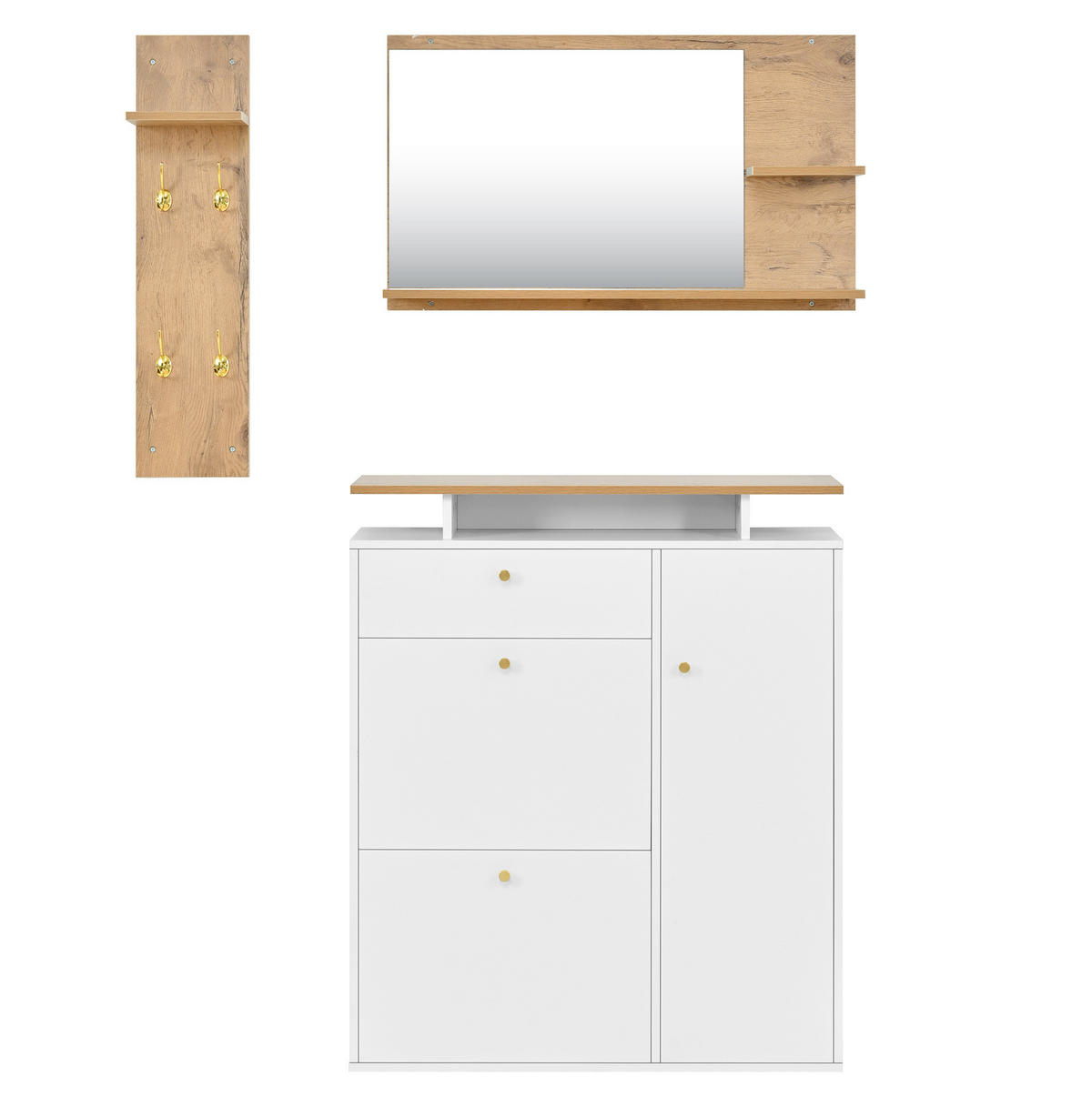 GARDEROBENSET 105/25/151,5 cm mit LED-Beleuchtung, Spiegel, Schuhschrank und 4 Haken aus Spanplatte, Weiß - Weiß, Holzwerkstoff (105/151.5/25cm) - Redom