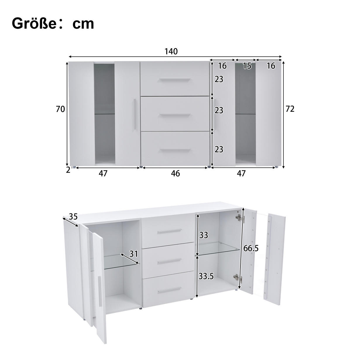 LOWBOARD 140/35/70 cm mit LED-Beleuchtung, 2 Türen und 3 Schubladen - Weiß, Holzwerkstoff (140/70/35cm) - BEAOK