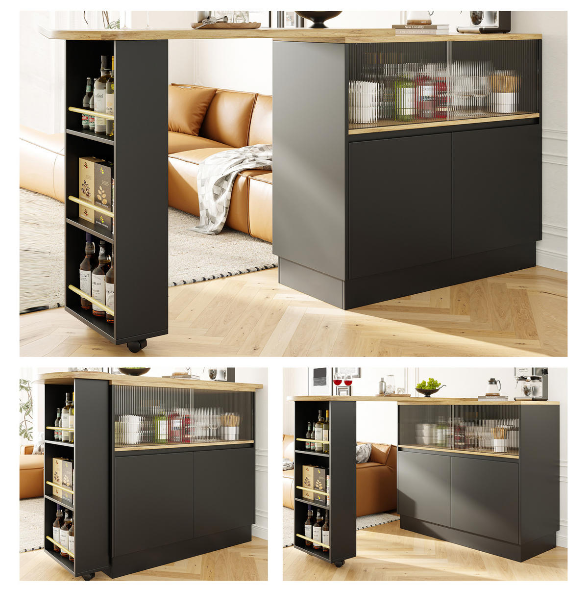 BAROVÁ skříňka 90/45/100 cm černá z MDF s 360° otočným designem a skleněnými dveřmi - černá, kompozitní dřevo (90/45/100cm) - OKWISH