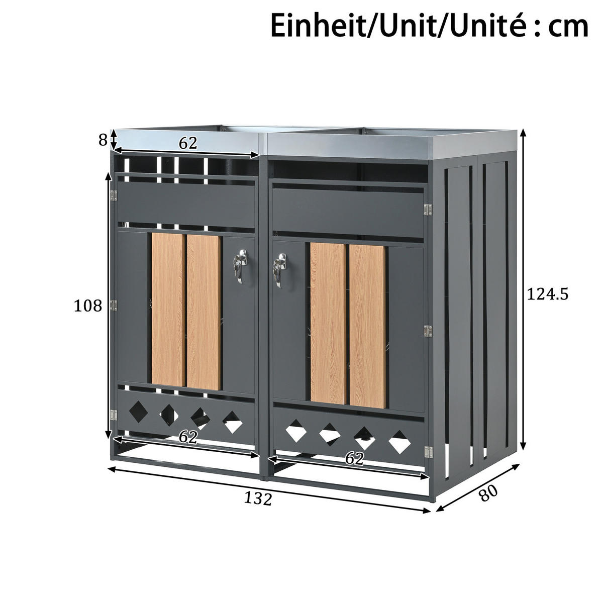 MÜLLTONNENBOX mit Pflanzkasten 2 Fächern Abschließbar Holzoptik - Grau, Metall (132/124/80cm) - PARAFTA HOME