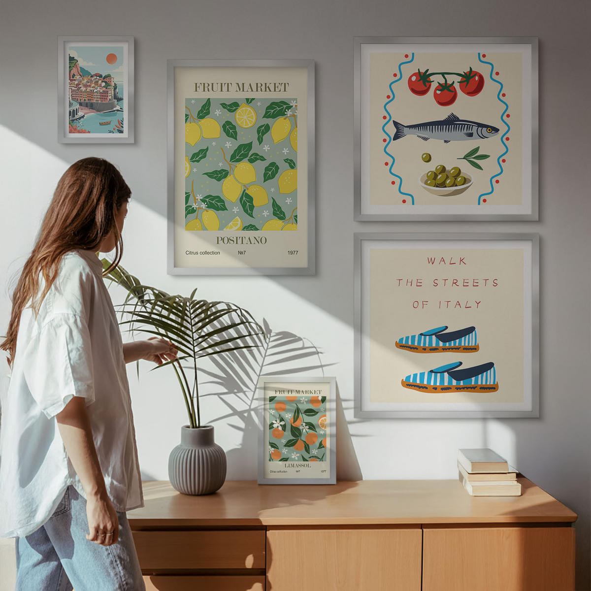 WANDBILDER 5er Set - 50x50 cm & 20x30 cm & 40x60 cm Silberner Rahmen - Italienische Poster mit Fruchtmotiven - Silberfarben, Kunststoff (40/60cm) - ArtPrintCave