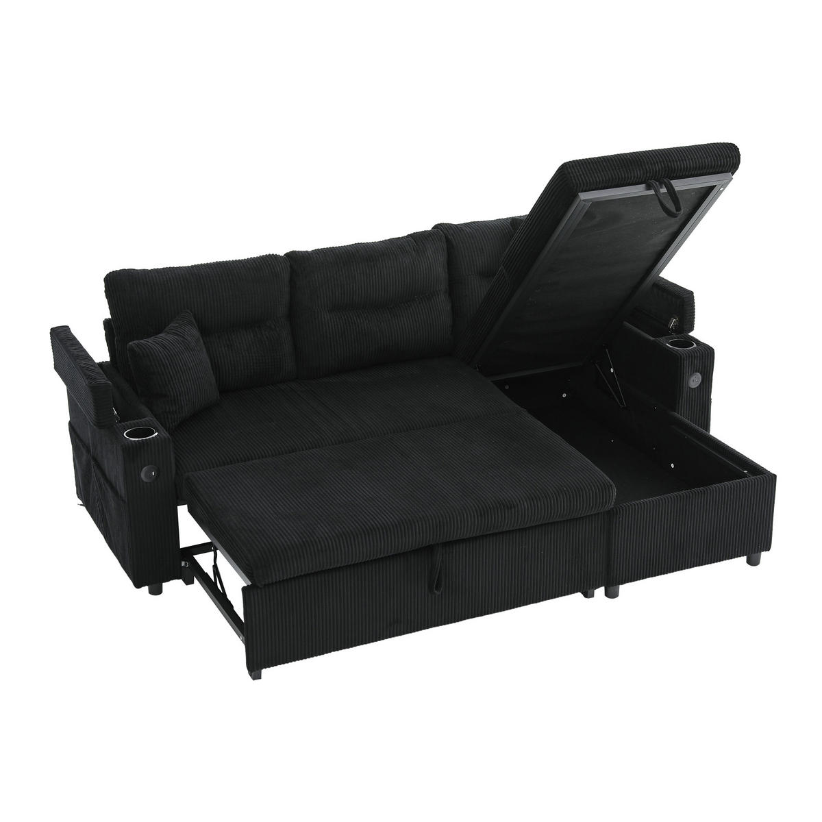 ECKSOFA 3-Sitzer Cord mit Stauraum und USB-C, DE-42576, Schwarz - Schwarz, Metall (212.5/136cm) - ComfortXL