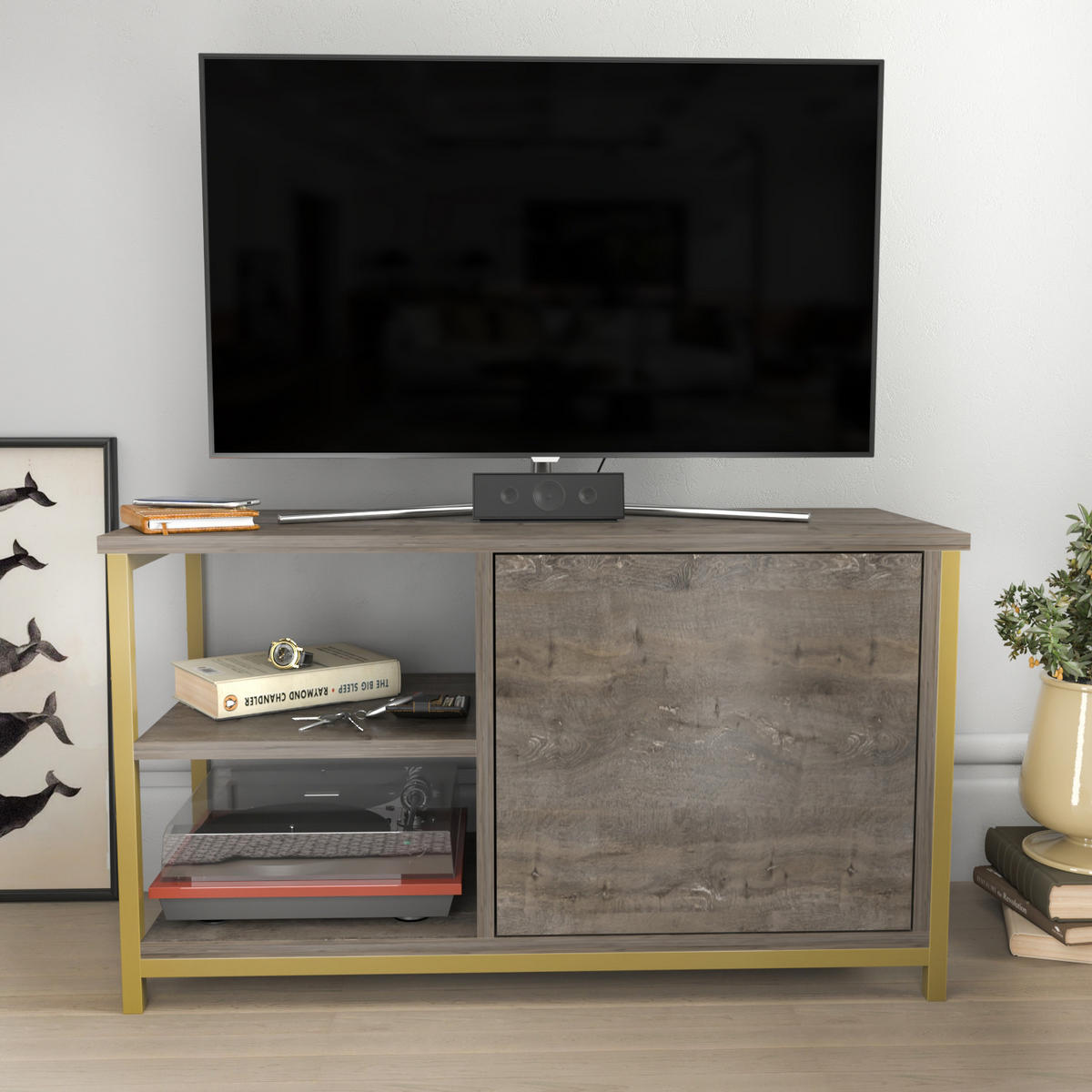 TV Möbel Muskegon Gold und Wenge - Beige, Holzwerkstoff (90/51/36cm) - Decorotika