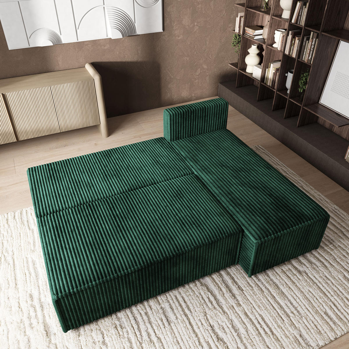 ROHOVÁ SEDAČKA BRISO tmavě zelená - šedá/tmavě zelená, dřevo/textil (200/140cm) - MASSENO