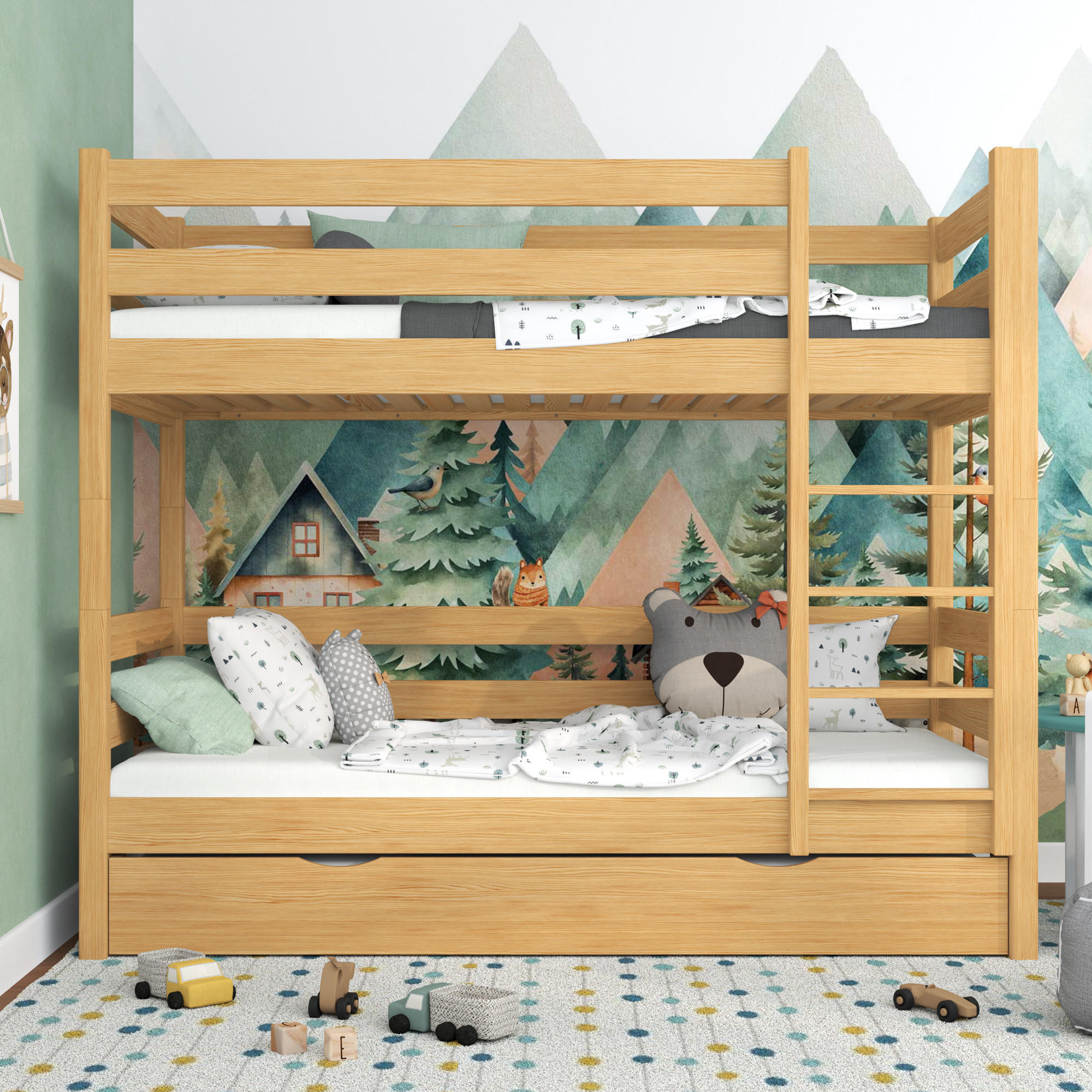 ETAGENBETT N01 mit Matratzenschublade Naturkiefer 120/200 - Hellbraun/Braun, Naturmaterialien/Holz (120/200cm) - N-Wood