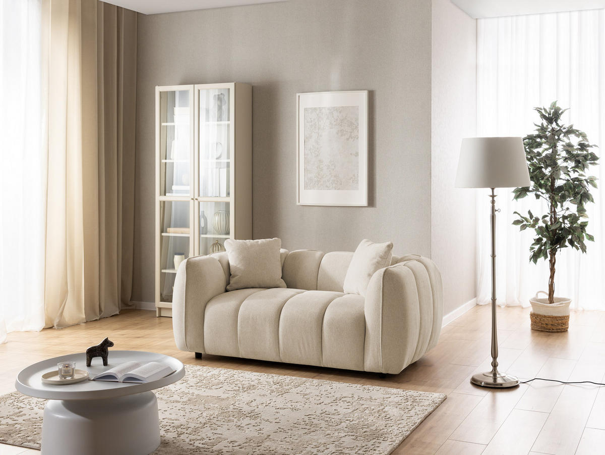 SITZGARNITUR 3+2 Nubira in tief gesteppter Bubble-Optik aus weichem Hellbeige Strukturstoff im modernen Design - Beige/Schwarz, Holz/Kunststoff (228/69/89cm) - S-Style Möbel