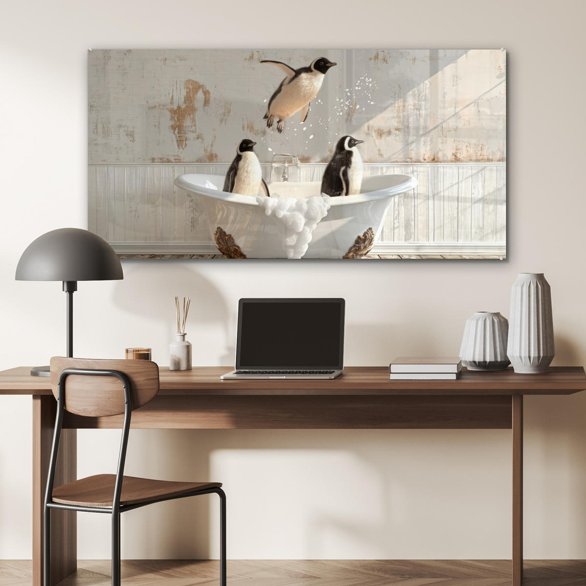 ACRYLGLASBILD Vintage - Pinguin - Badewanne - Schaumstoff 120x60 cm - Schwarz, Glas (120/60cm) - MuchoWow
