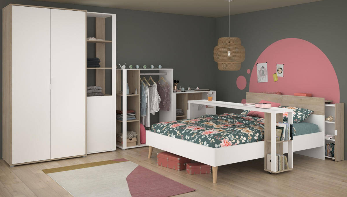 JUGENDZIMMER weiß, Eiche, Komplett-Set 7-teilig mit viel Stauraum - Eichefarben/Weiß, Holzwerkstoff/Kunststoff (145/205/206cm) - Parisot Meuble