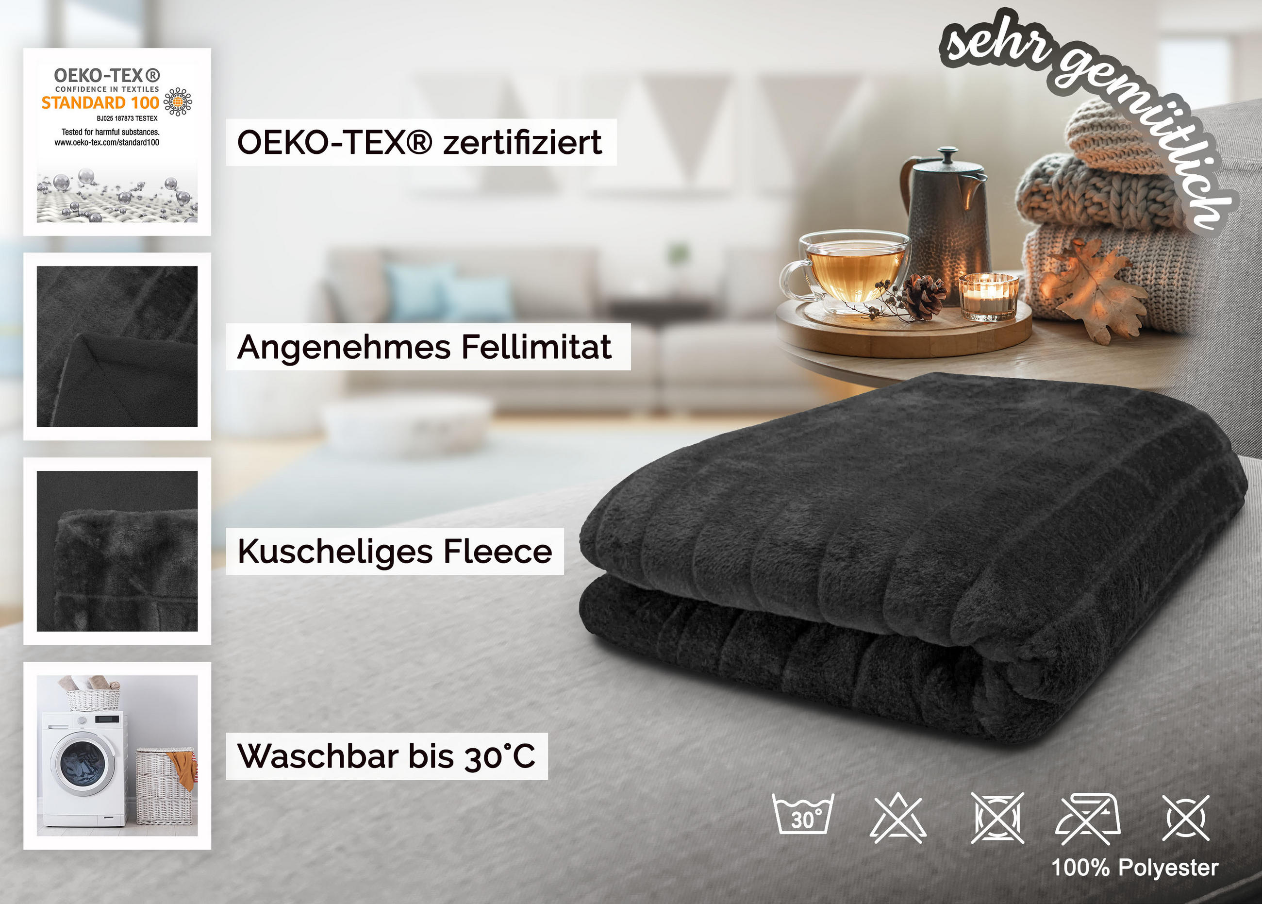 KUSCHELDECKE, 150x200 cm, 100% Polyester, Schwarz - Schwarz, Textil (150/200cm) - Zollner