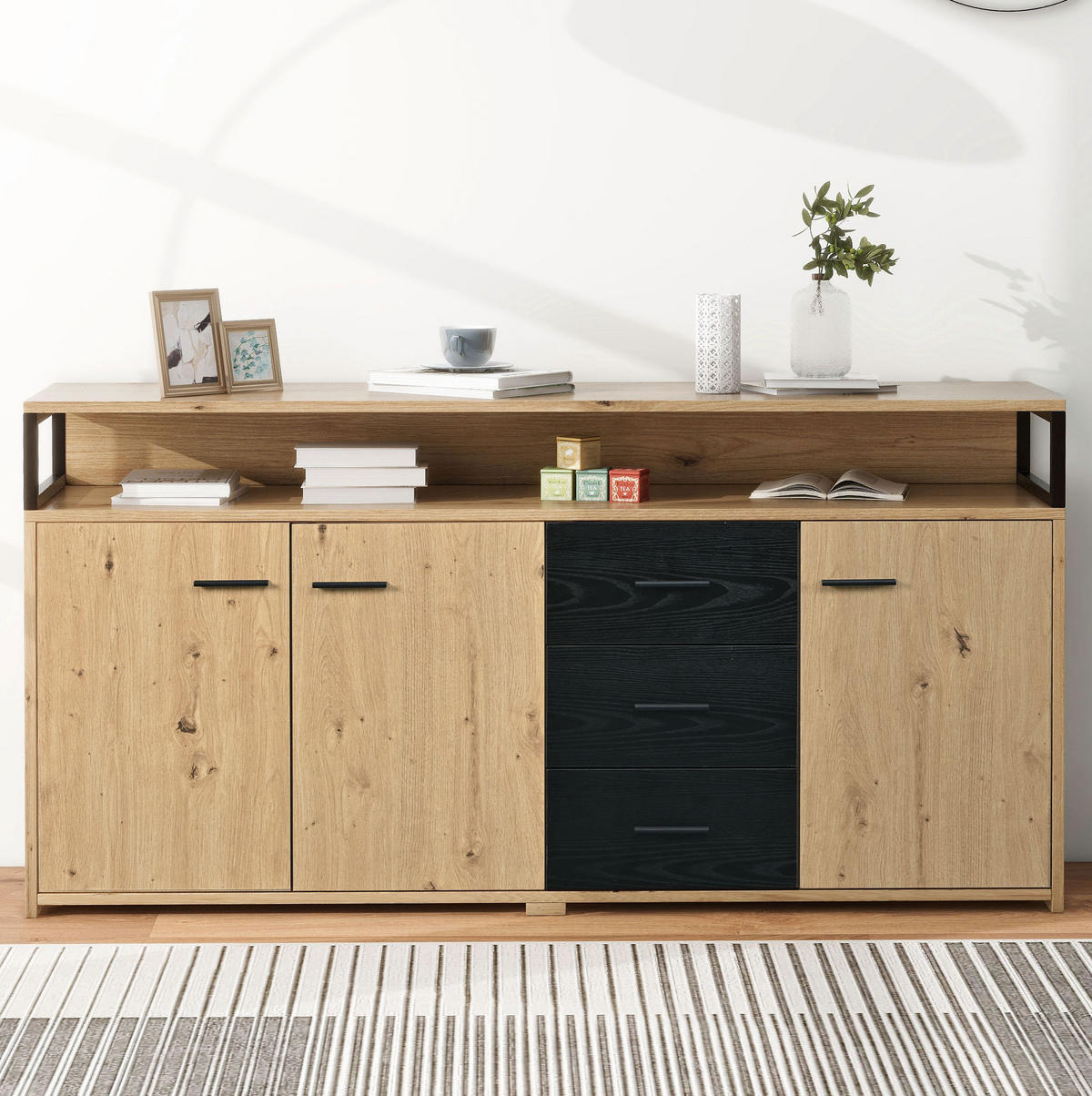 SIDEBOARD 150/35/75,9 cm aus Spanplatte mit 3 Türen und 3 Schubladen Schwarz/Braun - Naturfarben, Holzwerkstoff (150/75.9/35cm) - Modenvie