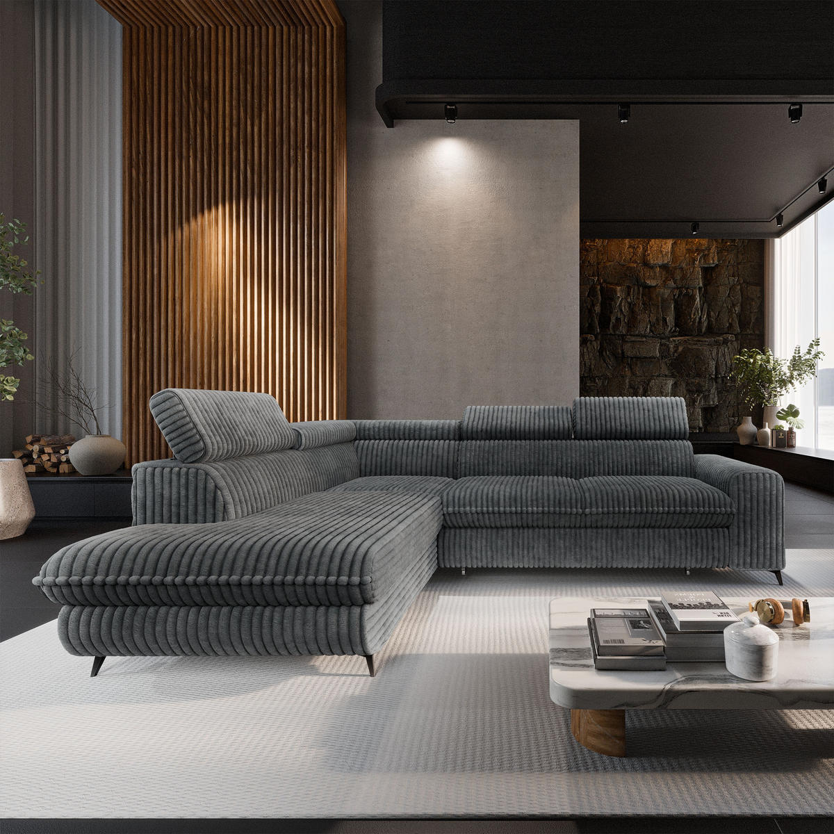 ECKSOFA VELISS Grau Kordstoff mit Schlaffunktion - Dunkelgrau, Holz (255/193cm) - MASSENO