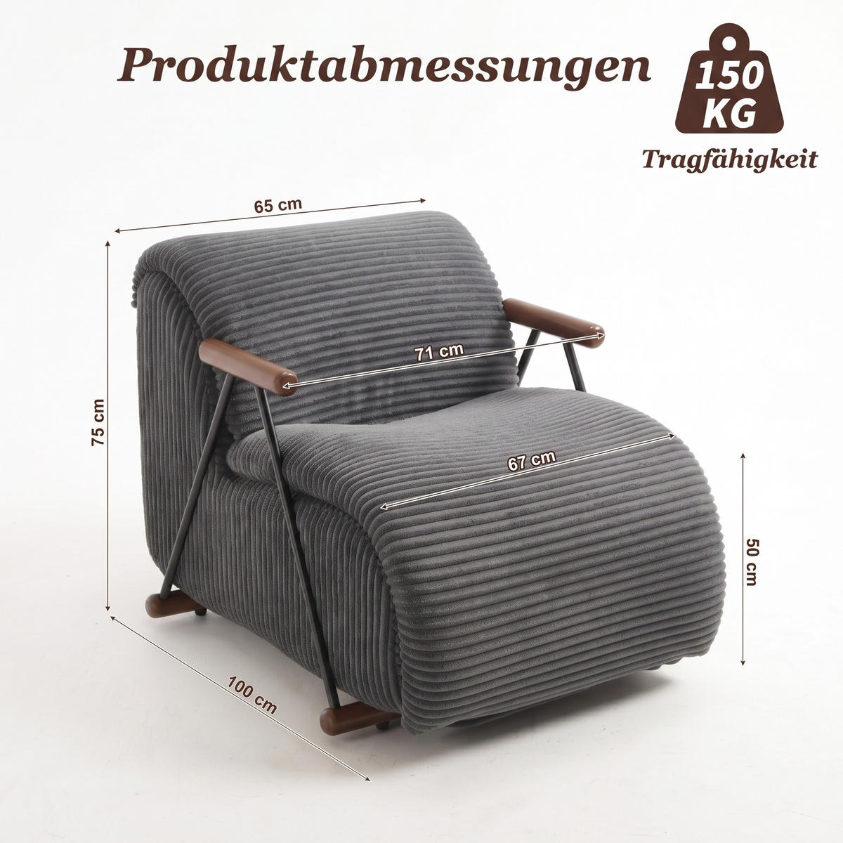 XXL-SESSEL mit Armlehnen, Cord Loungesessel, Ergonomisch, Grau - Grau, Textil/Metall (71/75/100cm) - LVHOM