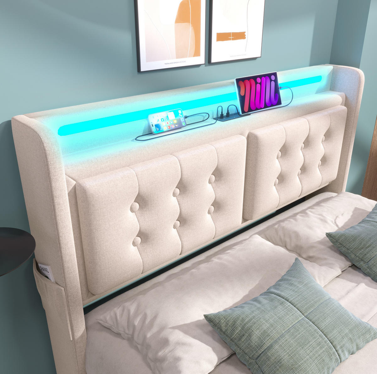 POLSTERBETT 140/200 cm mit LED, USB/Typ-C & 4 Schubladen, gepolstertes Kopfteil,Beige - Beige, Textil (140/200cm) - Redom